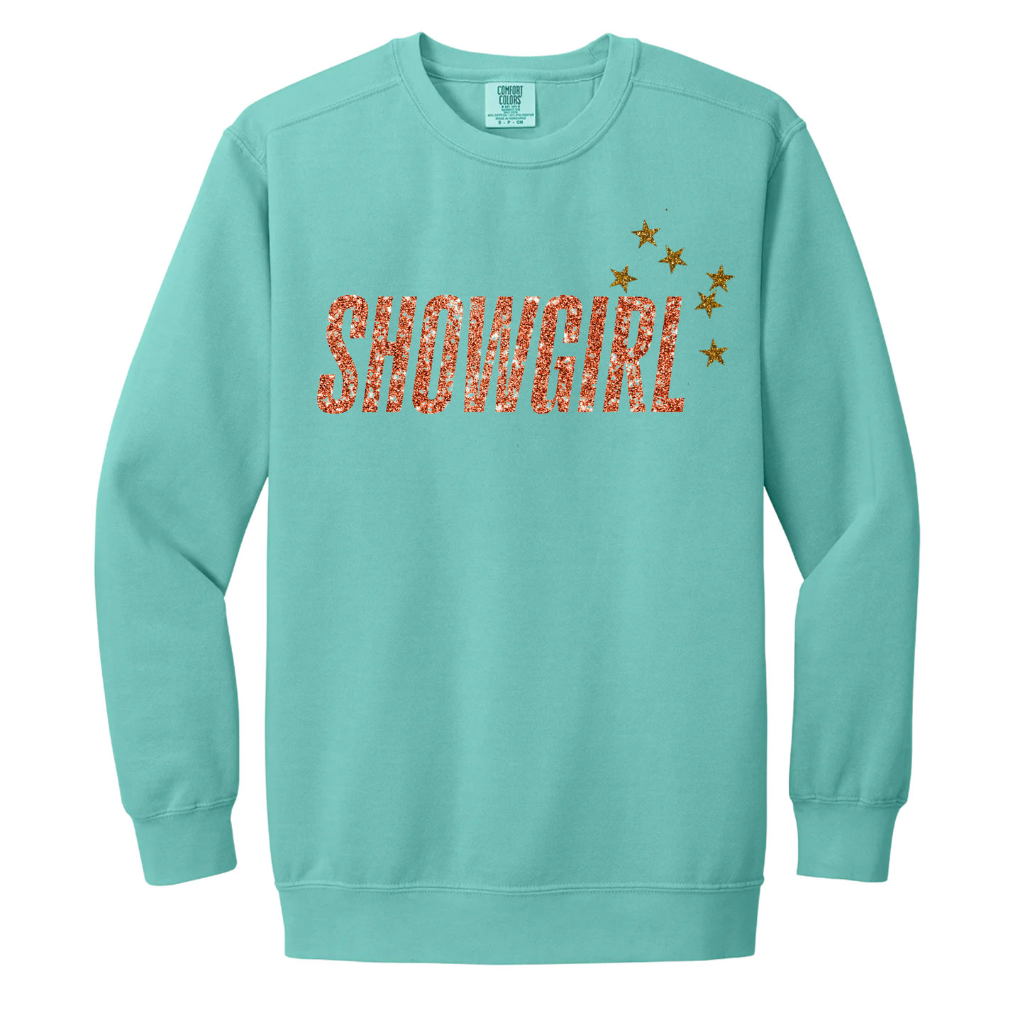 Showgirl Crewneck - Seafoam Comfort Colors Crewneck - Orange glitter w/stars