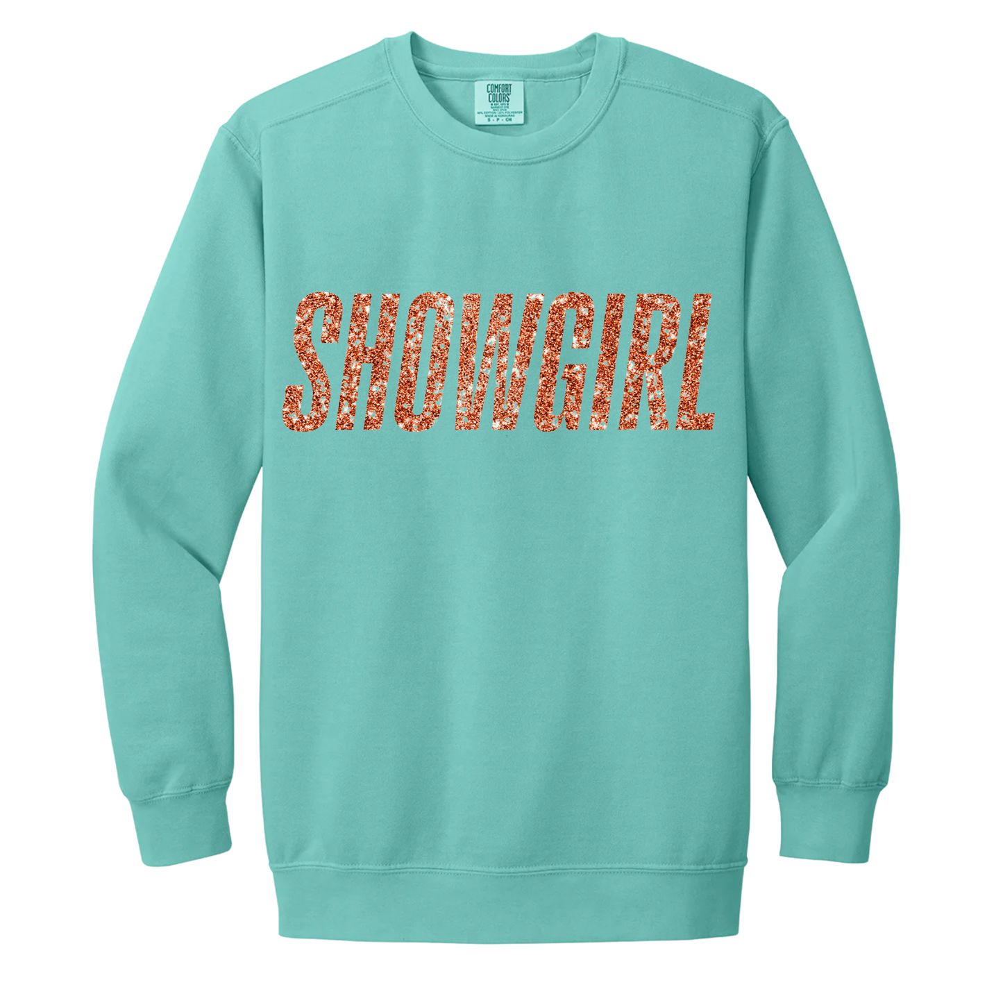 Showgirl Crewneck -  Seafoam Comfort Colors Crewneck - Orange glitter