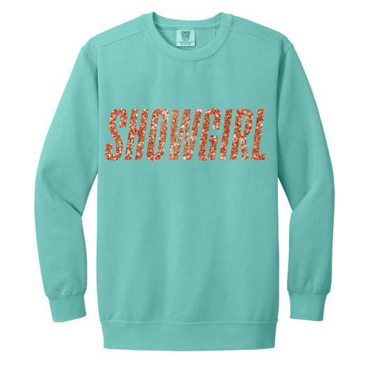 Showgirl Crewneck -  Seafoam Comfort Colors Crewneck - Orange glitter
