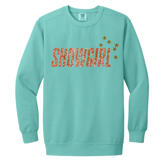 Showgirl Crewneck -  Seafoam Comfort Colors Crewneck - Orange glitter w/stars